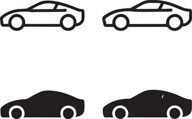 Isolated Sports Car Icons, Sports Car Black Minimal Vector Icons, Sports Car Aerodynamic UI Symbols, Four Identical Grid Layout Icons, Clean Modern App Web Racing Vehicle Design Icons