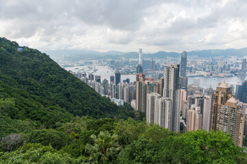 View of Hong Kong and Kowloon from Victoria peak. Panorama of Hong Kong, skyscrapers and nature.
