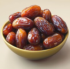 Bowl of shiny brown dates with wrinkled skin and light reflections fruit dried fruit