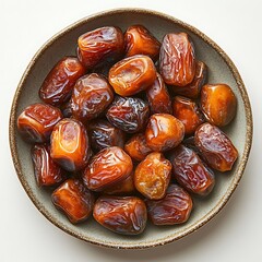 Bowl of ripe Medjool dates with glossy brown skin and textured surface dried fruit
