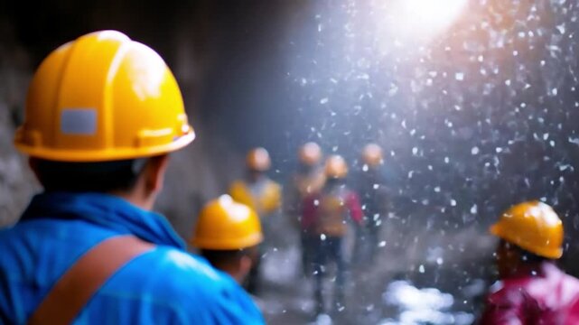Unwavering Dedication: A group of steadfast miners navigate a shadowy tunnel, their commitment shining as they face the unknown challenges that lie ahead.