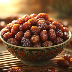 Close up of a bowl filled with dried dates on a bamboo mat dried fruit