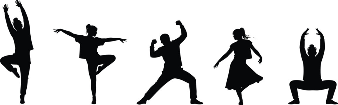 Collection of energetic male and female street dancer silhouettes in action poses wearing casual hip hop apparel for creative design,