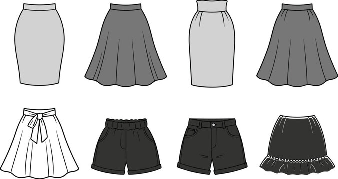 Collection, of, various, women, skirts, and, shorts, fashion, sketches, including, pencil, skirts, flared, designs, and, casual, shorts, for, garment, apparel, catalog
