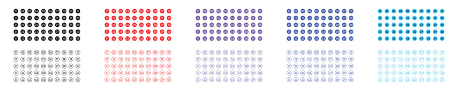 1 to 50 Number Icon Set - Colorful Circle Bullet Points and Round Map Markers Collection..
