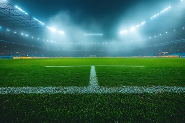 Empty soccer stadium field with bright lights and fog at night football field green grass