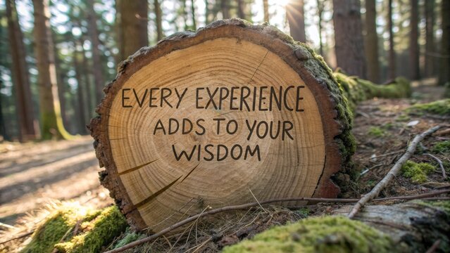 Inspirational wood log with quote in a sunny forest - Powered by Adobe