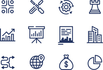 Set of twelve blue outline business and finance icons featuring strategy, growth, charts, money, buildings, and global networking. © Rezaul