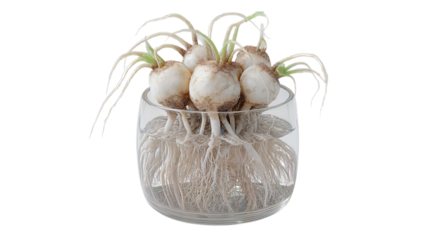 PNG of A glass vase displaying white radishes with visible roots and green tops, showcasing an elegant indoor gardening trend.