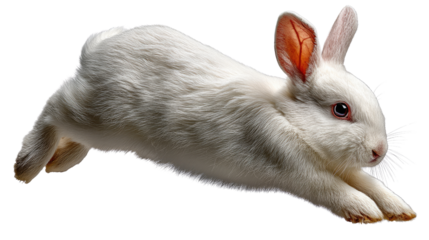 White Rabbit in Motion: A dynamic capture of a pure white rabbit in mid-leap, showcasing its graceful form and energetic movement. Capturing the spirit of vitality and agility.