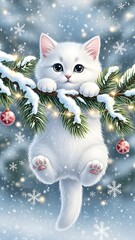 Cute white kitten hanging from snowy pine branches with ornaments  