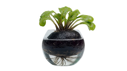 PNG of A vibrant green plant sprouting from a round, dark bulb in a clear glass container, showcasing roots in water.