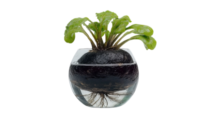 PNG of A vibrant green plant sprouting from a round, dark bulb in a clear glass container, showcasing roots in water.