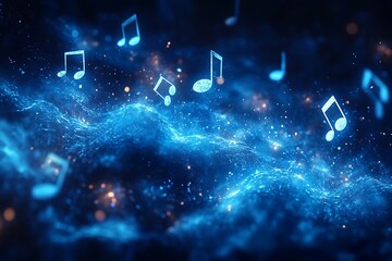 Glowing blue musical notes float in a cosmic nebula with sparkling lights sound melody