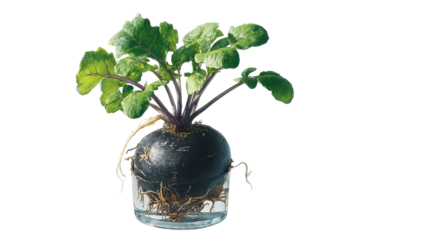 PNG of A vibrant black radish plant showcases its lush green leaves and intricate root system in a glass container.