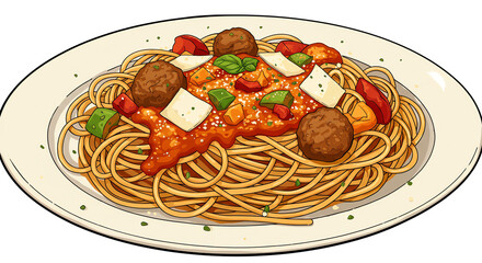 Plate of spaghetti with meatballs and marinara sauce