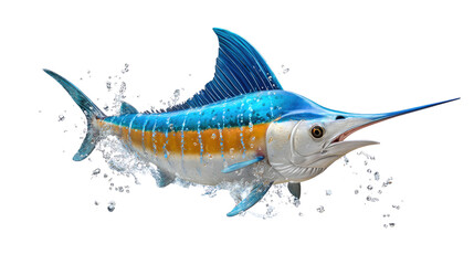 Majestic Marlin's Aquatic Ascent: A vibrant marlin leaps out of the water, its streamlined form and iconic bill create a captivating image of aquatic power. Capture the essence of aquatic motion.
