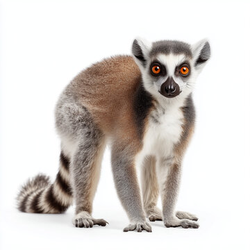 AI-generated image - A striking close-up portrait of a ring-tailed lemur (Lemur catta), known for its large, amber eyes and iconic black-and-white striped tail, set against a clean white background.