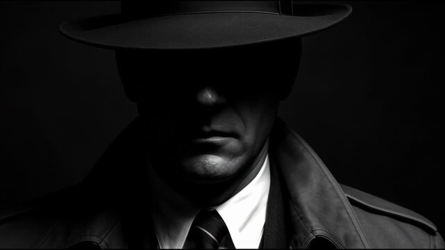 Detective man fedora trench coat tie lit in low-key noir lighting silhouette evokes mystery and tension in a dramatic moody portrait with classic attire