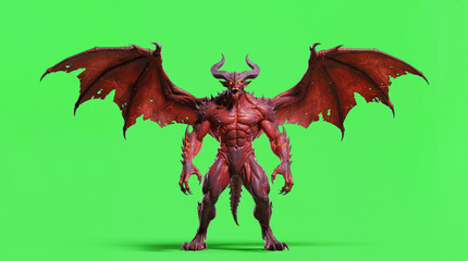 A red creature with large wings and an imposing stance is shown on a green background. It has muscular features and sharp details