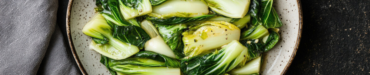 Stir fried bok choy with garlic on ceramic plate, top view

