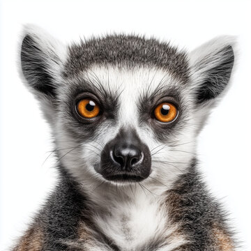 AI-generated image - A striking close-up portrait of a ring-tailed lemur (Lemur catta), known for its large, amber eyes and iconic black-and-white striped tail, set against a clean white background.