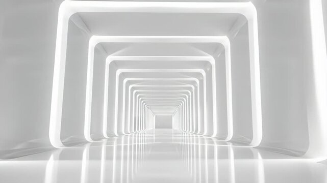 Space depth perspective brightness symmetry repetition white three-dimensional illuminated tunnel with glowing rectangular frame and reflective floor evoking futuristic calm