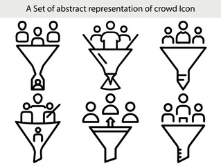 Six abstract icons representing crowd funneling and audience segmentation in outline style Keywords: crowd, funnel, icon, set, abstract, representation, audience