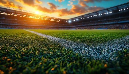 Green soccer field with stadium lights and sunset sky grass white line