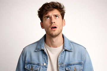 Fototapeta premium Confused Young Man Looking Up - Thinking, Questioning Concept