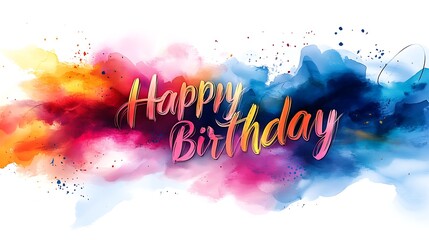 Happy Birthday text with vibrant watercolor splashes and ink splatters lettering calligraphy