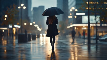 Woman Walking Alone with Umbrella in Rainy Urban Environment