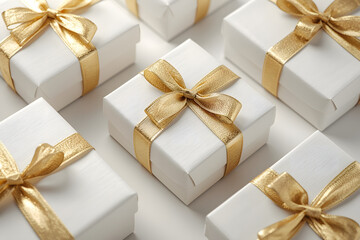 Elegant White Gift Boxes with Golden Ribbons in Pattern