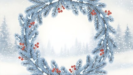 Winter wreath made of pine branches with red berries in snowy landscape  