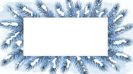 Winter frame with snow-covered pine branches in blue tones  