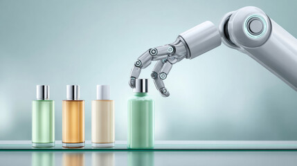 Futuristic robotic arm selecting skincare products on high tech shelf