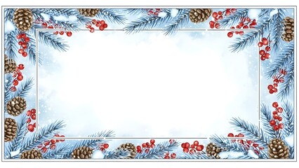 Winter holiday frame with pinecones and red berries on blue background  