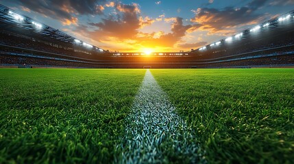 Lush green soccer field with stadium lights and sunset sky football stadium green grass