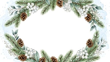 Winter wreath with pinecones and leaves in watercolor style  