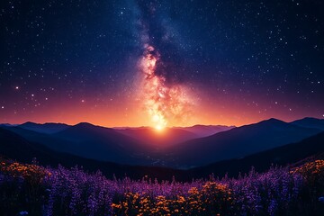 Majestic Milky Way Over Starry Mountains and Wildflowers at Sunset night sky galaxy