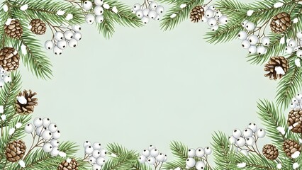 Pinecones and greenery frame on mint background for winter design  