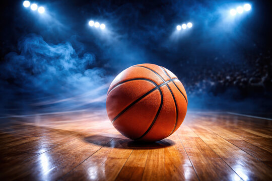 Basketball court smoke spotlight blue hardwood A single basketball rests on a polished floor under swirling blue smoke and intense arena lighting creating anticipation