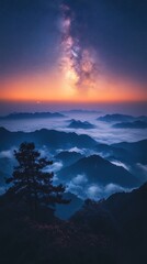 Milky Way galaxy over misty mountain peaks at sunrise twilight night sky stars
