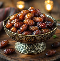 Ornate bowl filled with dried dates on a wooden surface with candles dried fruit
