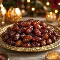 Pile of dark brown dates on ornate gold plate with bokeh lights dried fruit