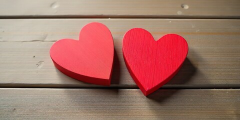 two wooden, red heart-shaped decorations placed on a rustic, weathered wooden surface, bathed in soft, diffused light, evoking feelings of warmth and affection.