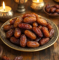 Pile of dried dates on ornate plate with lit candles and wooden background dried fruit
