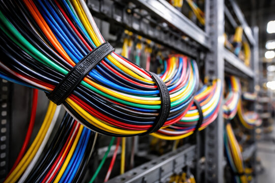 Wiring cable wire bundle colorful cable tie Neat multicolored electrical wire bundle secured with black strap on rack showing organization connectivity and infrastructure