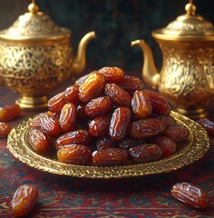 Pile of glistening dates on ornate gold plate with ornate teapots date fruit dried fruit
