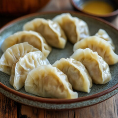 Steamed dumplings on ceramic plate, traditional asian food

